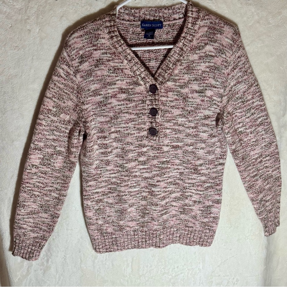 Karen Scott Gender-Neutral Marled Space Dye Henley Sweater - Pink & Brown Mix